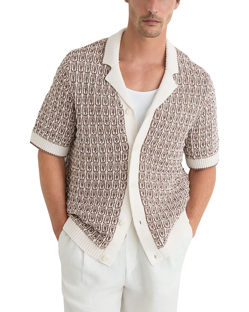 Reiss Penn Button Through Geometric Crochet Short Sleeve Cuban Shirt