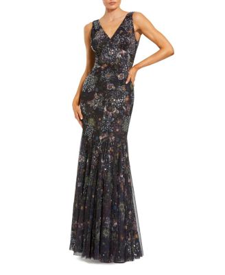  Embellished Floral Sleeveless V-Back Gown