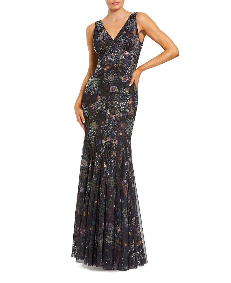 Mac Duggal Embellished Floral Sleeveless V-Back Gown
