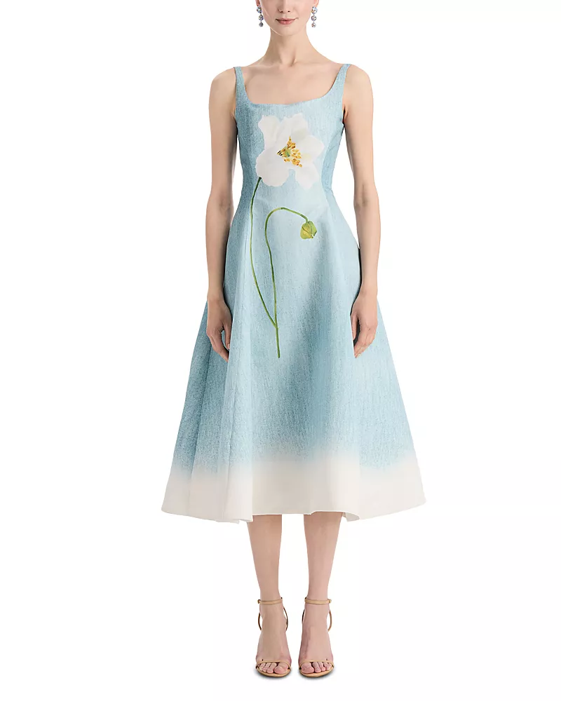 Oscar de la Renta Sleeveless Scoop Neck Peony Faille Day Dress