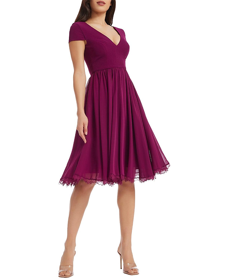 Dress The Population Corey Deep V-Neck Lace Trim Midi Dress