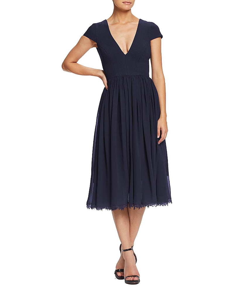 Dress The Population Corey Deep V-Neck Lace Trim Midi Dress