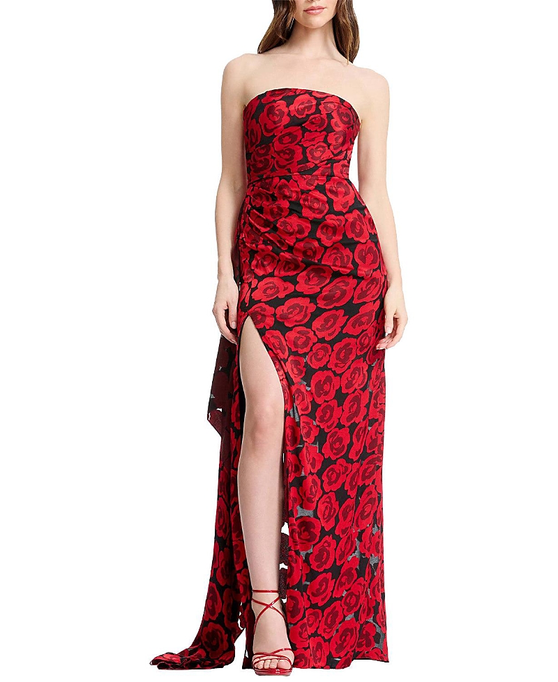 Dress The Population Lulu Strapless Rose Print Ruched High Slit Gown In Rouge Multi