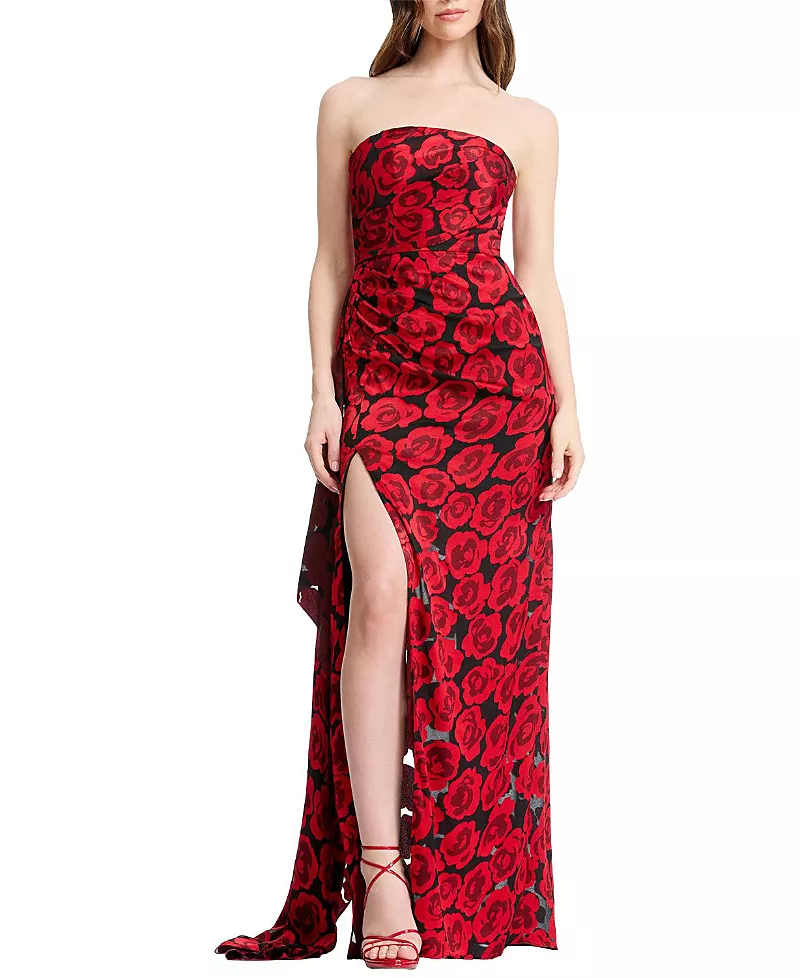 Dress the Population Lulu Strapless Rose Print Ruched High Slit Gown