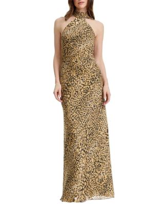 Dress the Population Olivia Halter High Neck Leopard Print Bodycon Gown