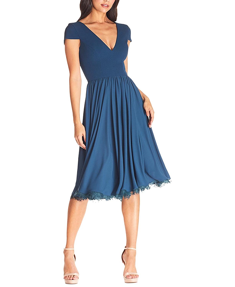 Dress The Population Corey Deep V-Neck Lace Trim Midi Dress