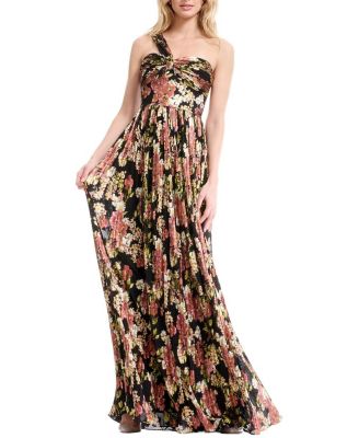 Dress the Population Idalia One Shoulder Abstract Floral Print Pleated Gown