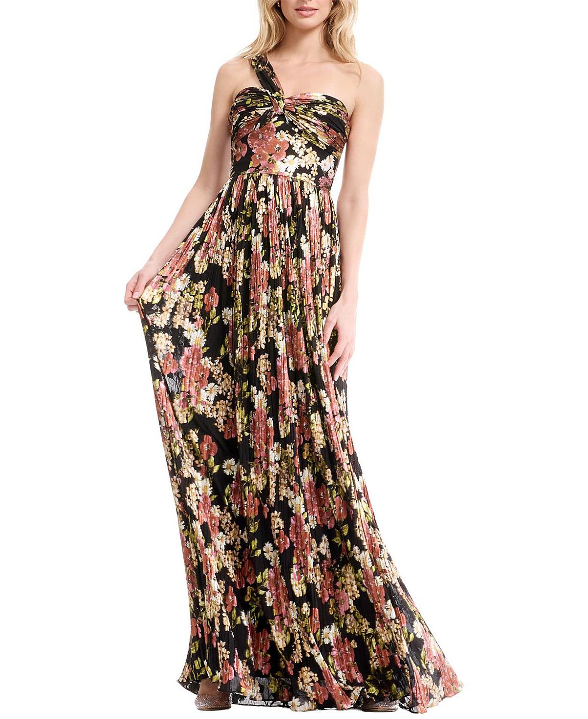 Dress the Population Idalia One Shoulder Abstract Floral Print Pleated Gown