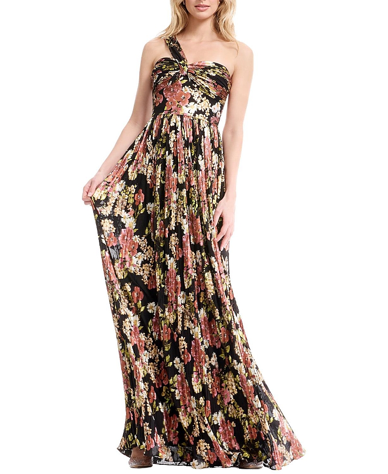 Dress the Population Idalia One Shoulder Abstract Floral Print Pleated Gown