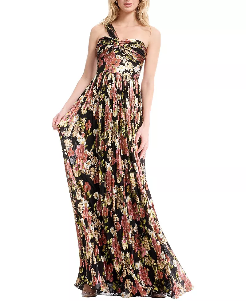 Dress the Population Idalia One Shoulder Abstract Floral Print Pleated Gown