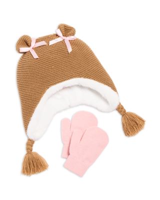 Girls' Two Piece Pretty Bear Ear Flap Hat & Mittens Set - Baby