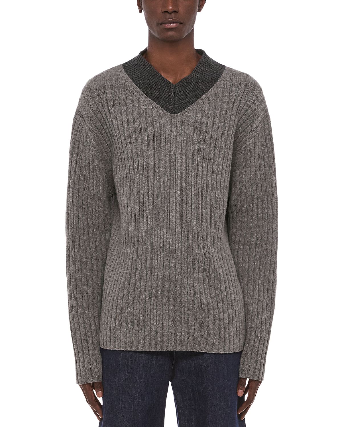 Helmut Lang Contrast V Neck Rustic Wool Sweater