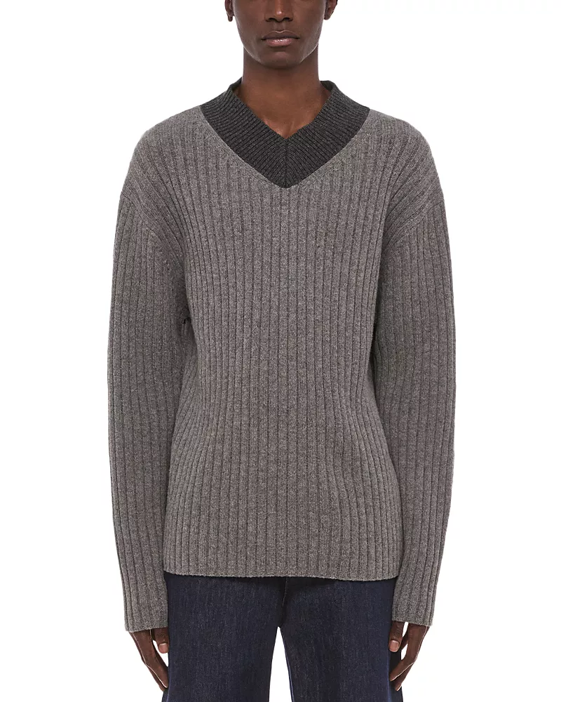 Helmut Lang Contrast V Neck Rustic Wool Sweater
