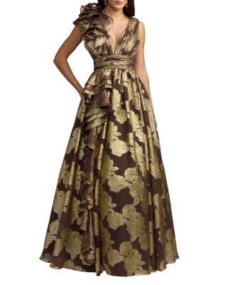  Metallic V-Neck Ruffle Detail Ball Gown