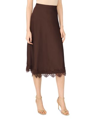 Satin Lace Trim Midi Skirt