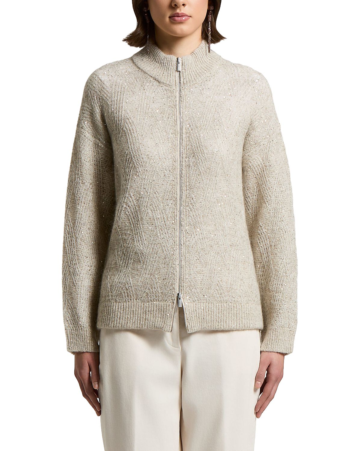 Peserico Boucle Zip Up Sweater with Micro-Sequins