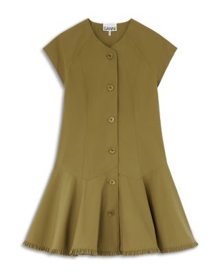 Round Neck Stretch Cotton-Blend Button Front Dress