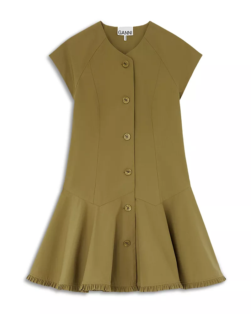 Ganni Round Neck Stretch Cotton-Blend Button Front Dress