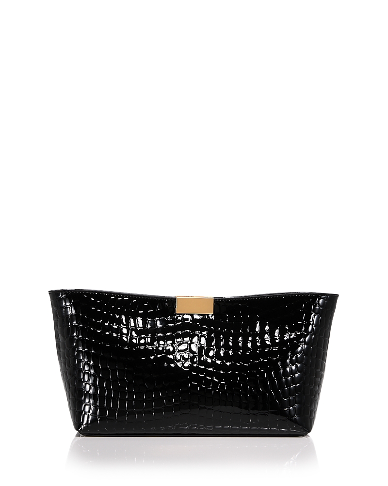 Aqua Medium Croc Embossed Patent Leather Clutch - Exclusive In Black