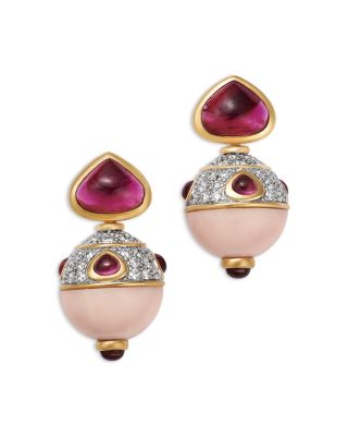 18K White & Yellow Gold Angel Skin Coral, Tourmaline, Rubellite, and Diamond Drop Earrings