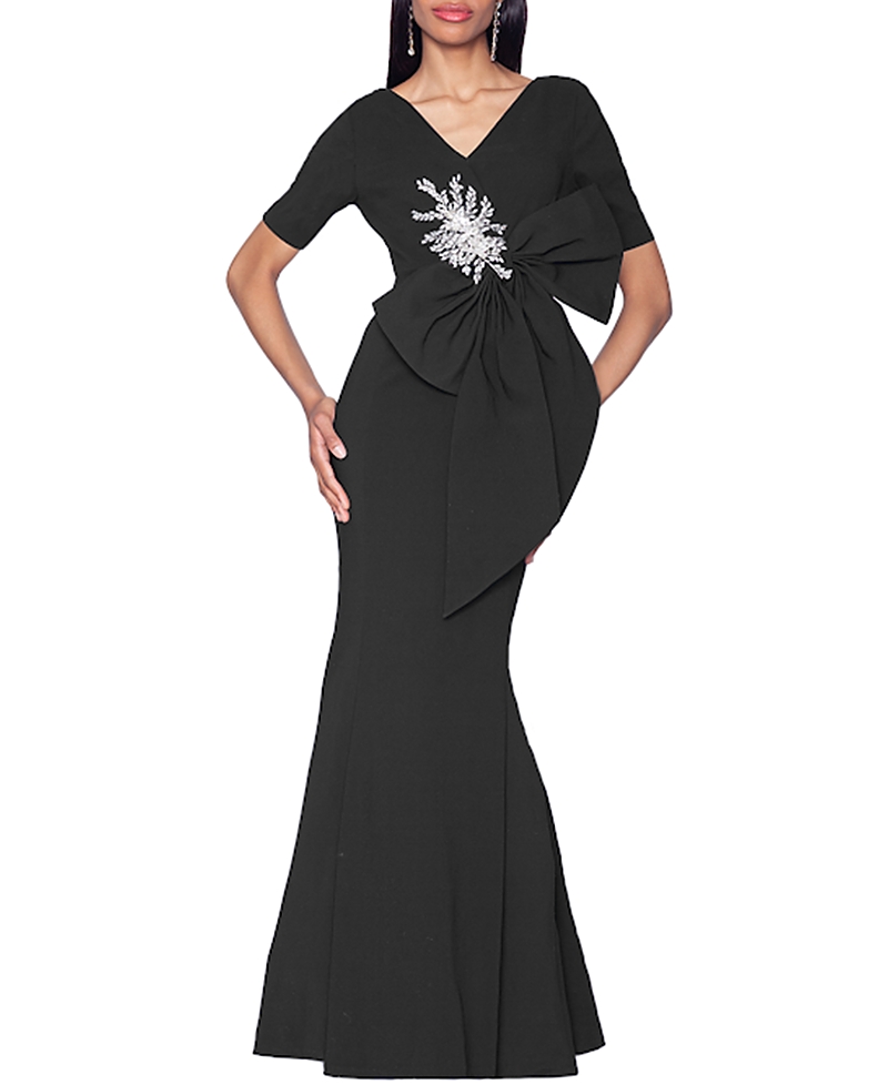 Shani V-Neck Gown with Dramatic Bow and Crystal Detail
