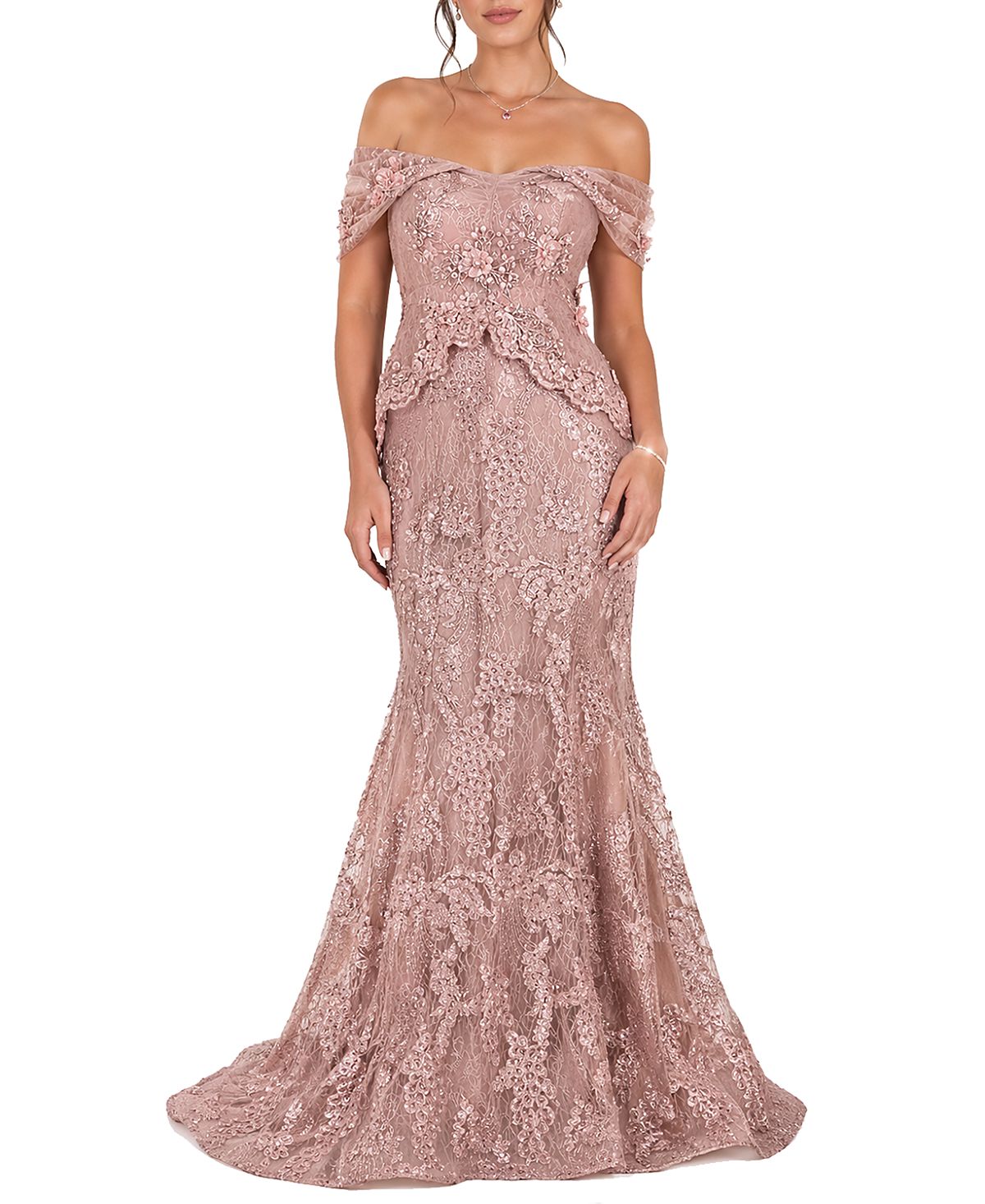 Shani Off the Shoulder Embroidered Gown with 3D Applique