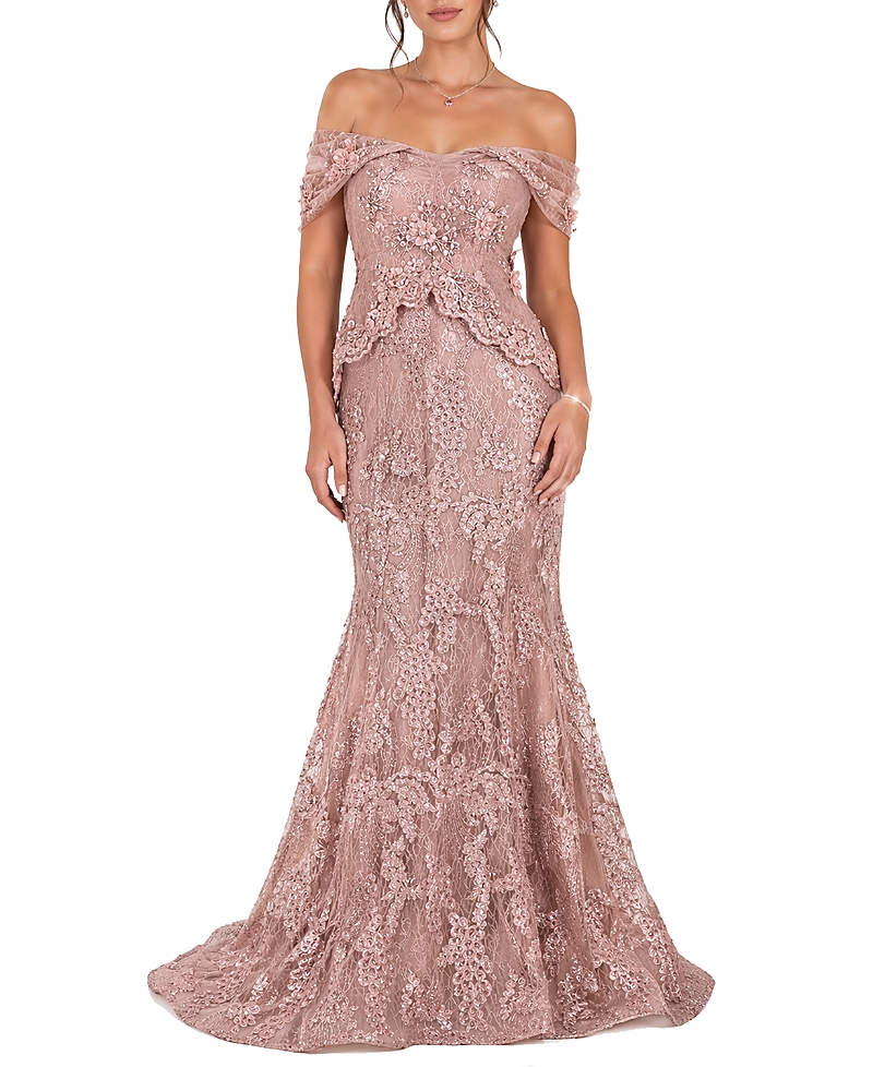 Shani Off the Shoulder Embroidered Gown with 3D Applique