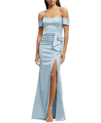  Gabrielle Off-the-Shoulder Satin Ruffle Gown