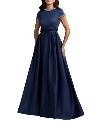  Embellished Satin Cap Sleeve Ball Gown