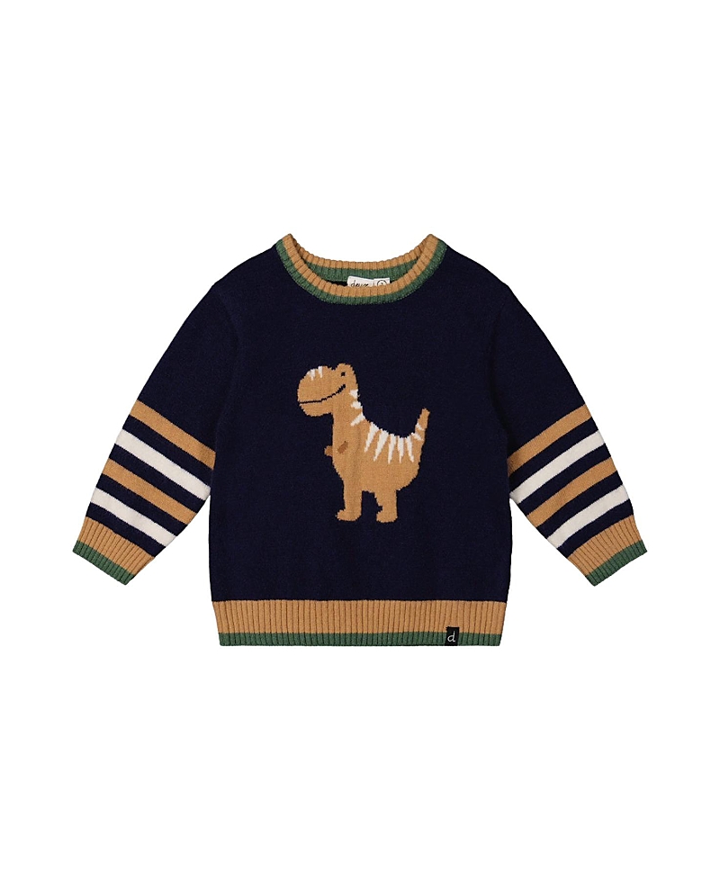 Deux par Deux Boys' Dino Intarsia Striped Ribbed Cuffs Knit Sweater - Little Kid