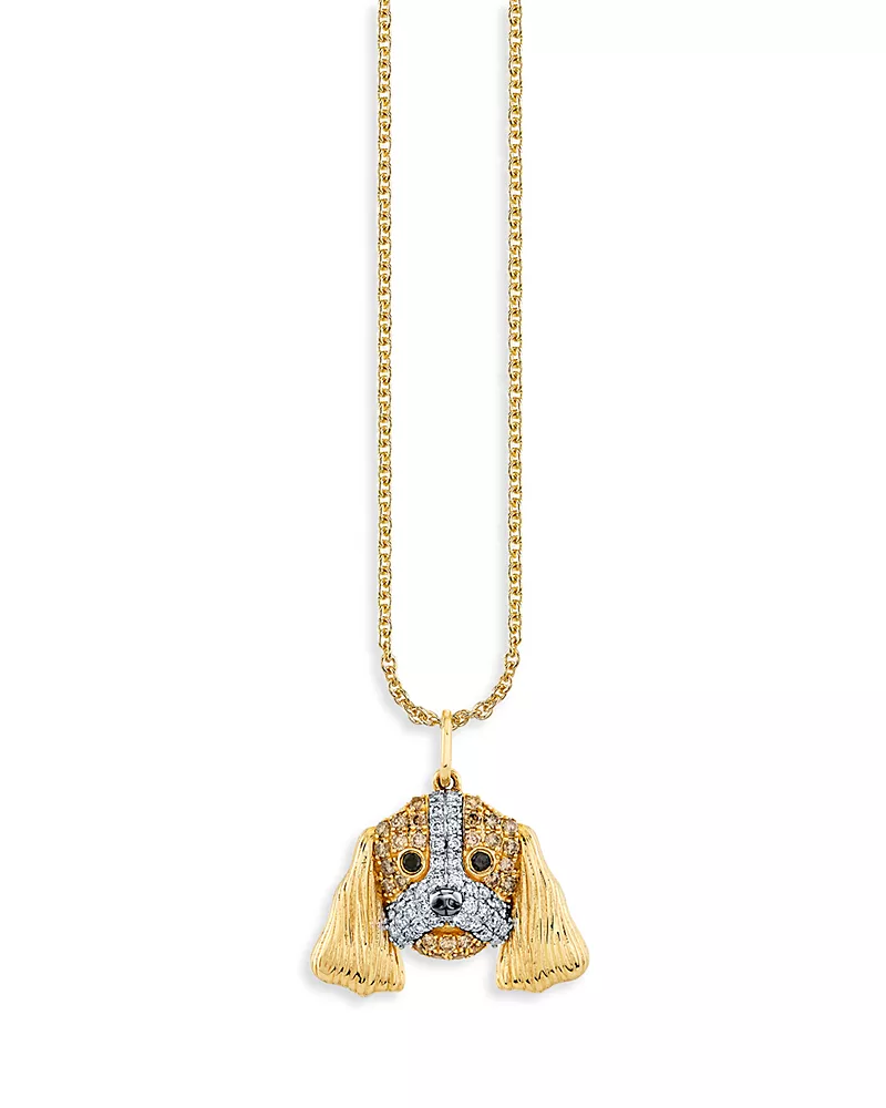Sydney Evan 14K Yellow Gold Multicolor Diamond Cocker Spaniel Dog Pendant Necklace, 16
