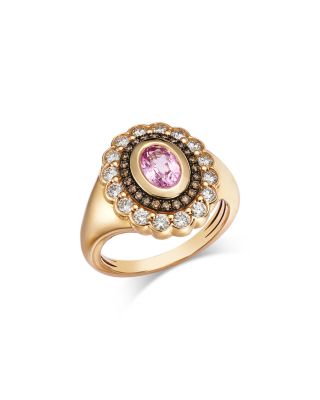 White & Brown Diamond & Pink Sapphire Heirloom Pinky Ring in 14K Yellow Gold