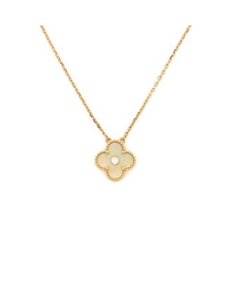  Vintage Alhambra Pendant Necklace 18K Gold and Gold Mother of Pearl with Diamond, 16.25"
