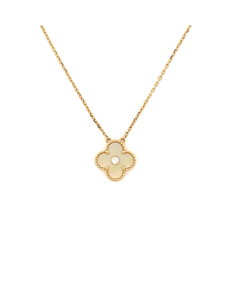Pre-Owned Van Cleef & Arpels Vintage Alhambra Pendant Necklace 18K Gold and Gold Mother of Pearl with Diamond, 16.25