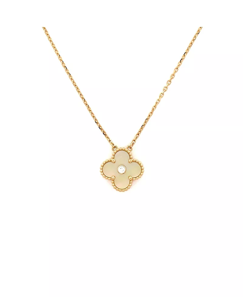Pre-Owned Van Cleef & Arpels Vintage Alhambra Pendant Necklace 18K Gold and Gold Mother of Pearl with Diamond, 16.25