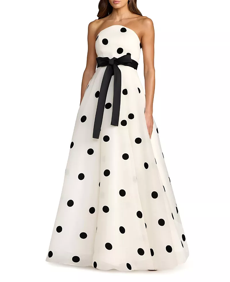Mac Duggal Strapless Polka Dot Organza Ball Gown with Satin Bow