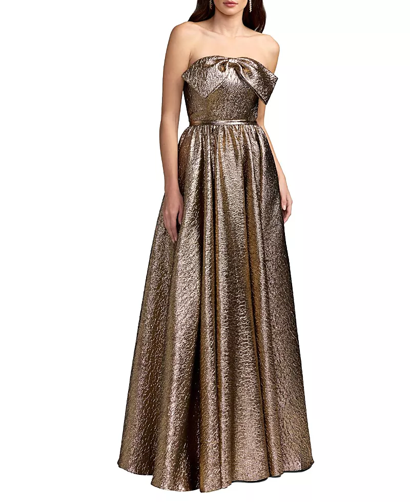 Mac Duggal Petite Metallic Strapless Ball Gown With Bow