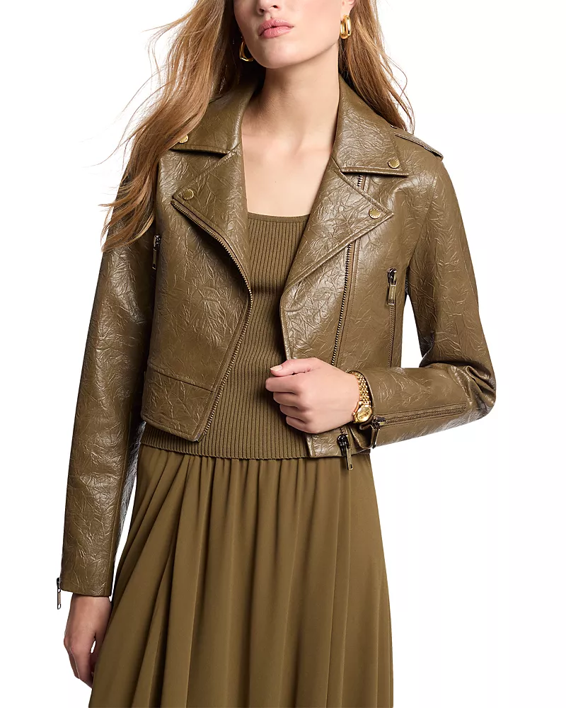 Michael Kors Cropped Faux Leather Moto Jacket
