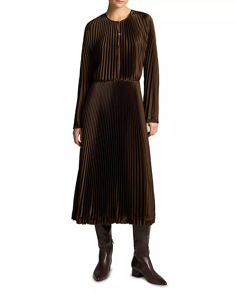 Vince Pleated Long Sleeve Contrast Hem Dress