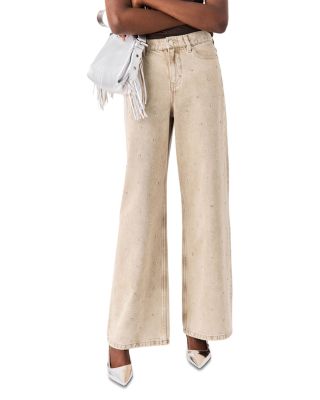 Pantastrass Wide Leg Rhinestone Trim Jeans in Beige