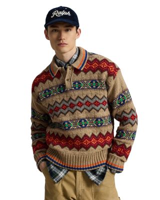 Fair Isle Wool Blend Polo Collar Sweater