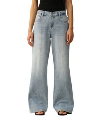  Mid Rise Wide Leg Denim Jeans with Rhinestone in Light Blue