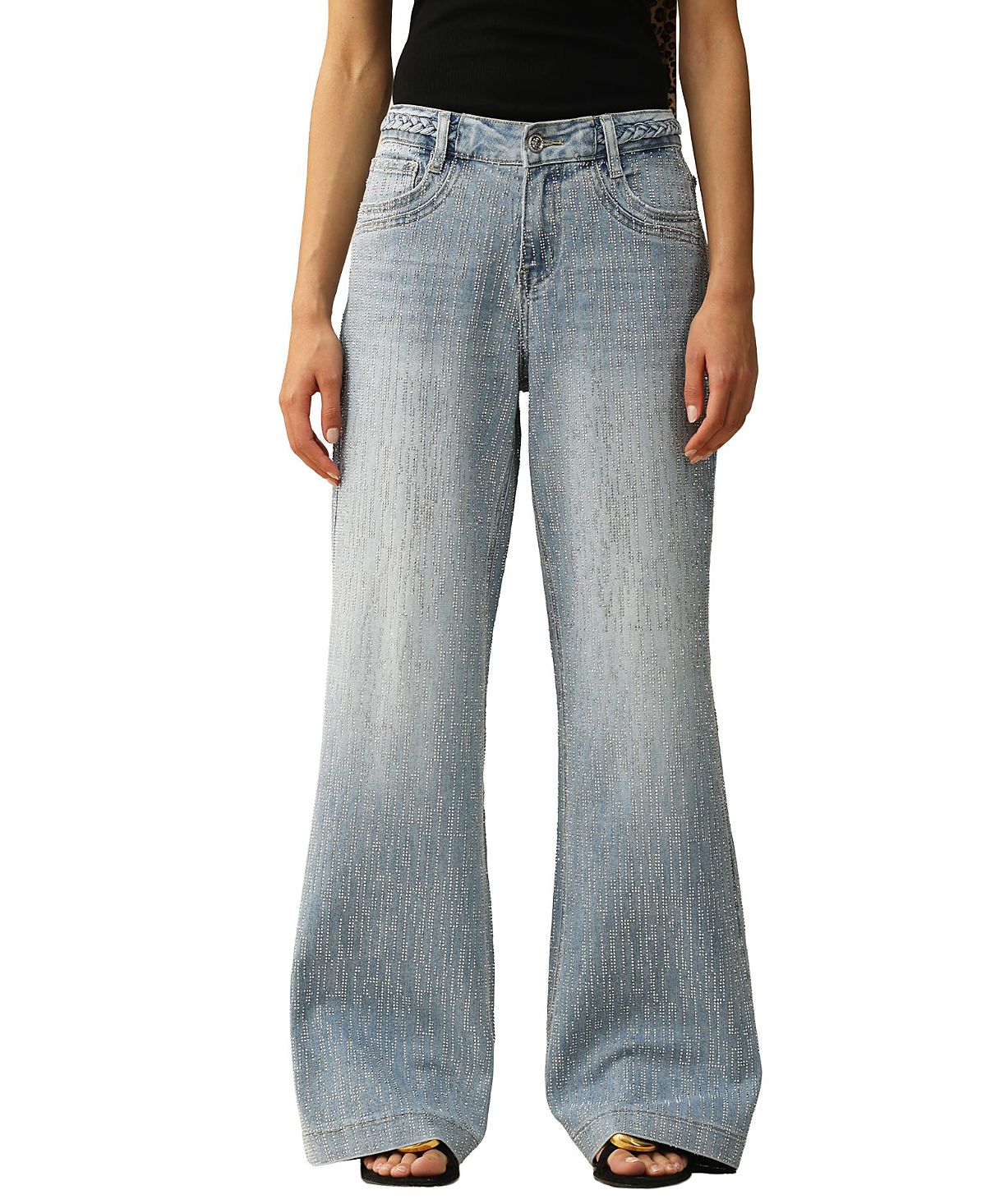 Bayeas Mid Rise Wide Leg Denim Jeans with Rhinestone