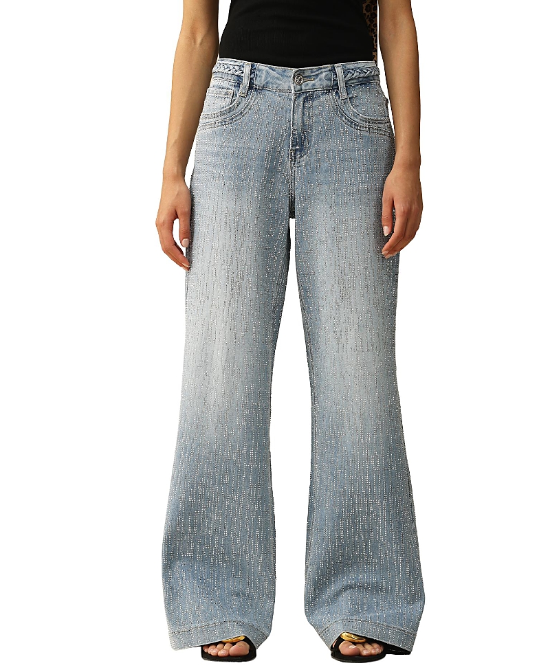 Bayeas Mid Rise Wide Leg Denim Jeans with Rhinestone in Light Blue