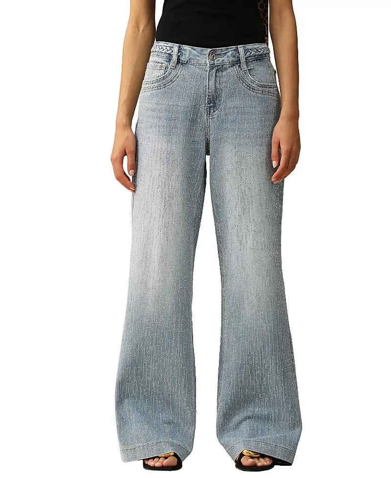 Bayeas Mid Rise Wide Leg Denim Jeans with Rhinestone in Light Blue