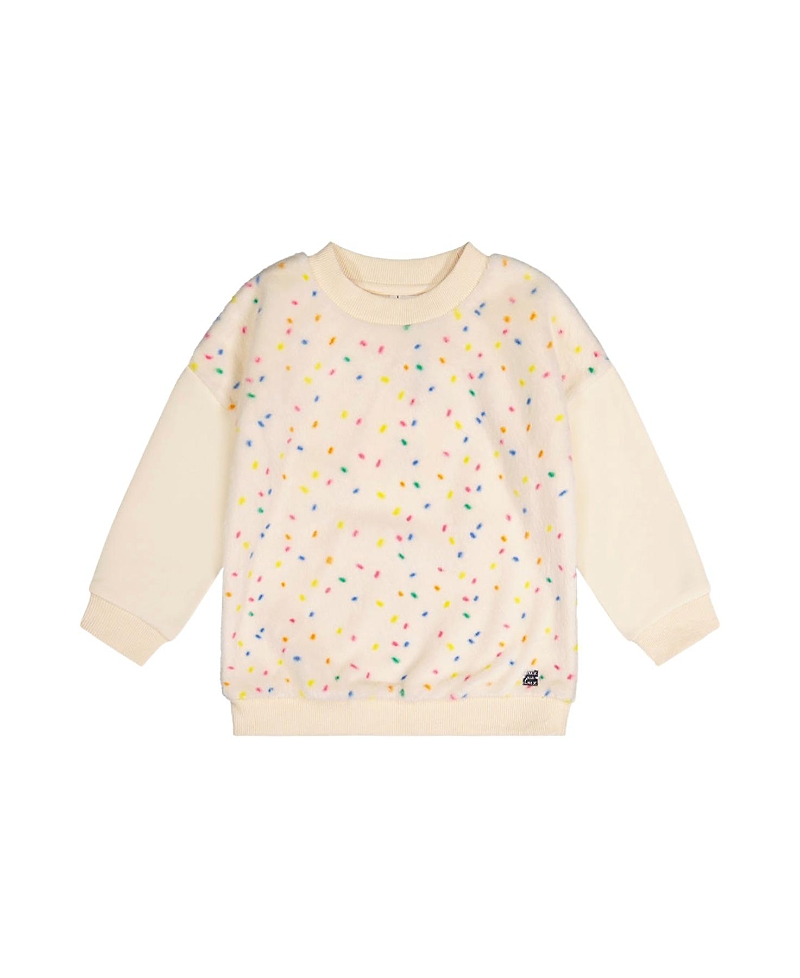 Deux par Deux Girls' Bi-Material Confetti Faux Fur Fleece Sleeve Sweater - Big Kid