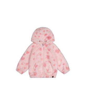 Girls' Hooded Full Zip Heart Jacquard Kangaroo Pocket Faux Fur Jacket - Baby