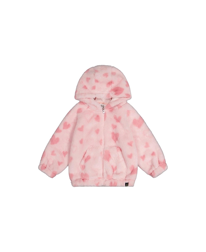 Deux par Deux Girls' Hooded Full Zip Heart Jacquard Kangaroo Pocket Faux Fur Jacket - Baby