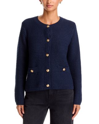 Single Thread Textured Crewneck Cardigan Sweater In Black