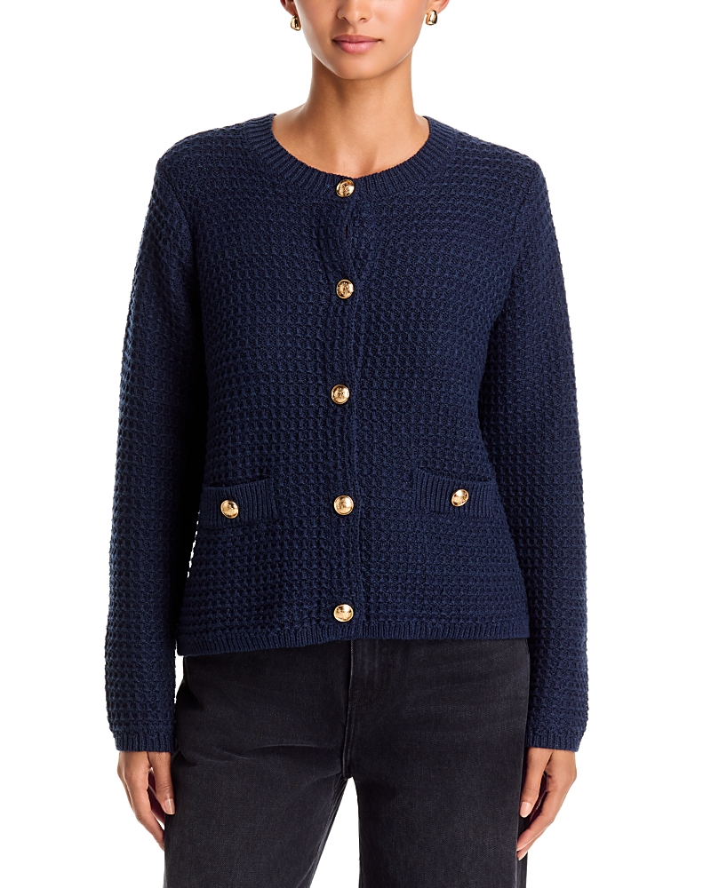 Single Thread Textured Crewneck Cardigan Sweater In Black